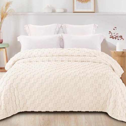 Exclusivo Mezcla Fleece Blanket Queen Size for Bed Super Soft and Cozy Bed Blankets with Checkered Design Lightweight Bedding All Season Use 90x90 Inches Ivory - Image 3