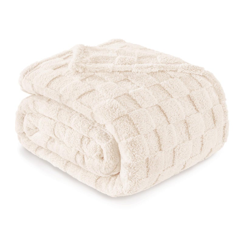 Exclusivo Mezcla Fleece Blanket Queen Size for Bed Super Soft and Cozy Bed Blankets with Checkered Design Lightweight Bedding All Season Use 90x90 Inches Ivory - Image 2