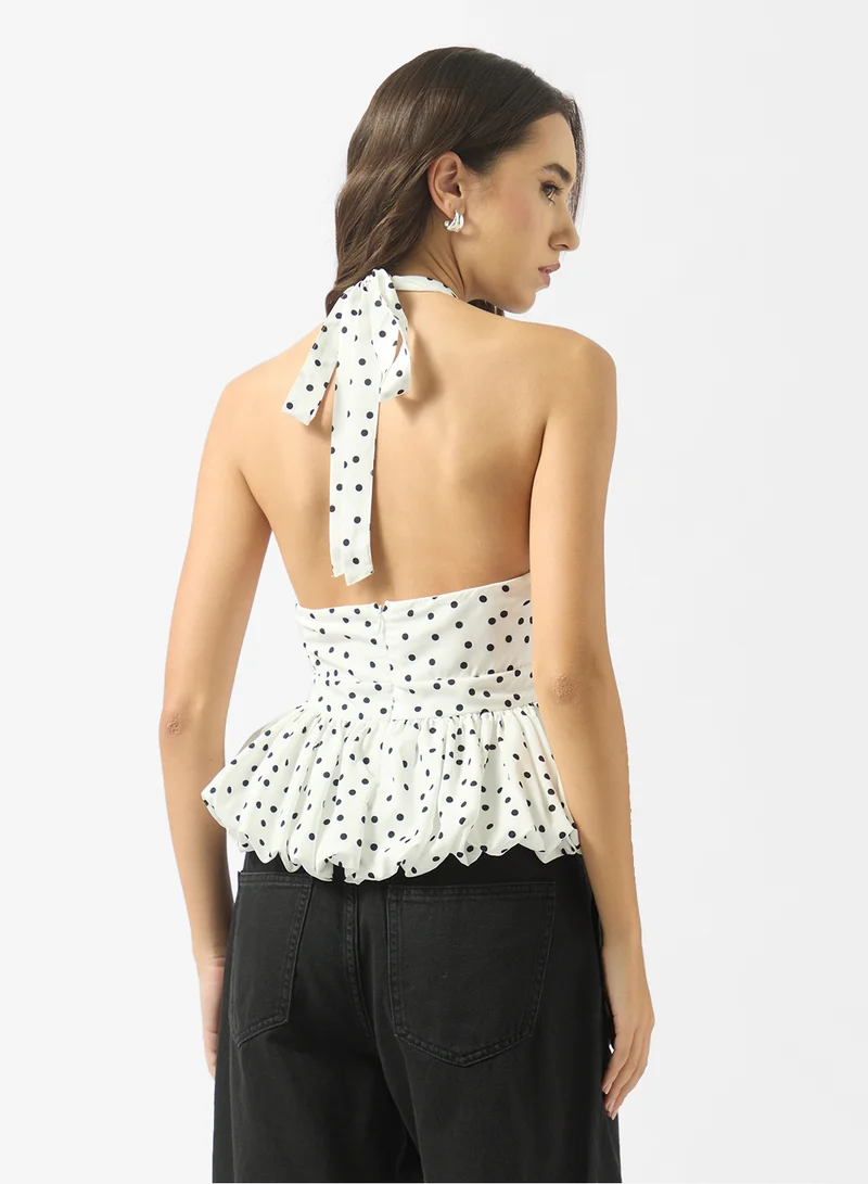 Ginger Halter Neck Polka Dot Top with Peplum