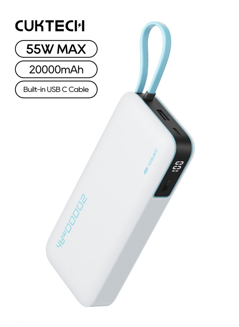 CUKTECH CP25 Power Bank, 20000mAh Portable Charger 55W MAX with Built-in USB-C Cable | Fast Charging Battery Pack For Xiaomi, iPhone, Samsung, Honor & Switch - White - Image 1