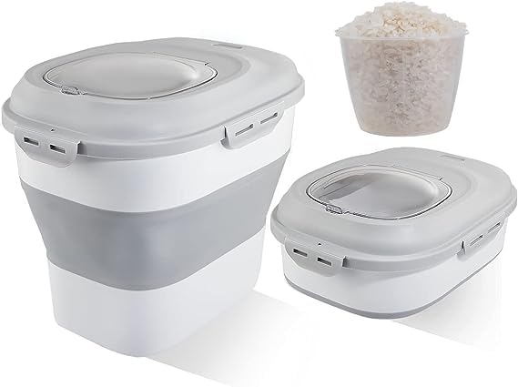 VBM Gray Rice Food Storage Containers Collapsible 20 to 50 Lbs Large Sealed Grain Container Storage Airtight Dispenser Bin with Rolling Wheel and Locking Lid 1 - Image 1