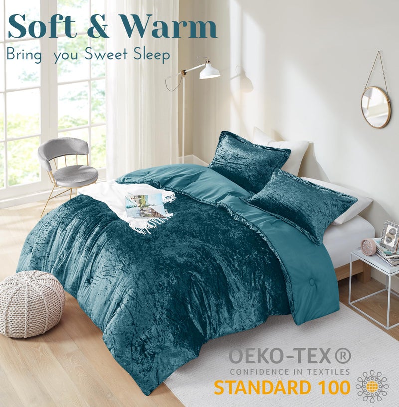 Comfort Spaces Juliette Luxe Comforter Set Velvet Lush with Soft Brushed Microfiber Reverse, All Season Cozy Velvet Bedding Sets, Fluffy Comforter Bed Set, Matching Sham, Teal Full/Queen 3 Piece - Image 2