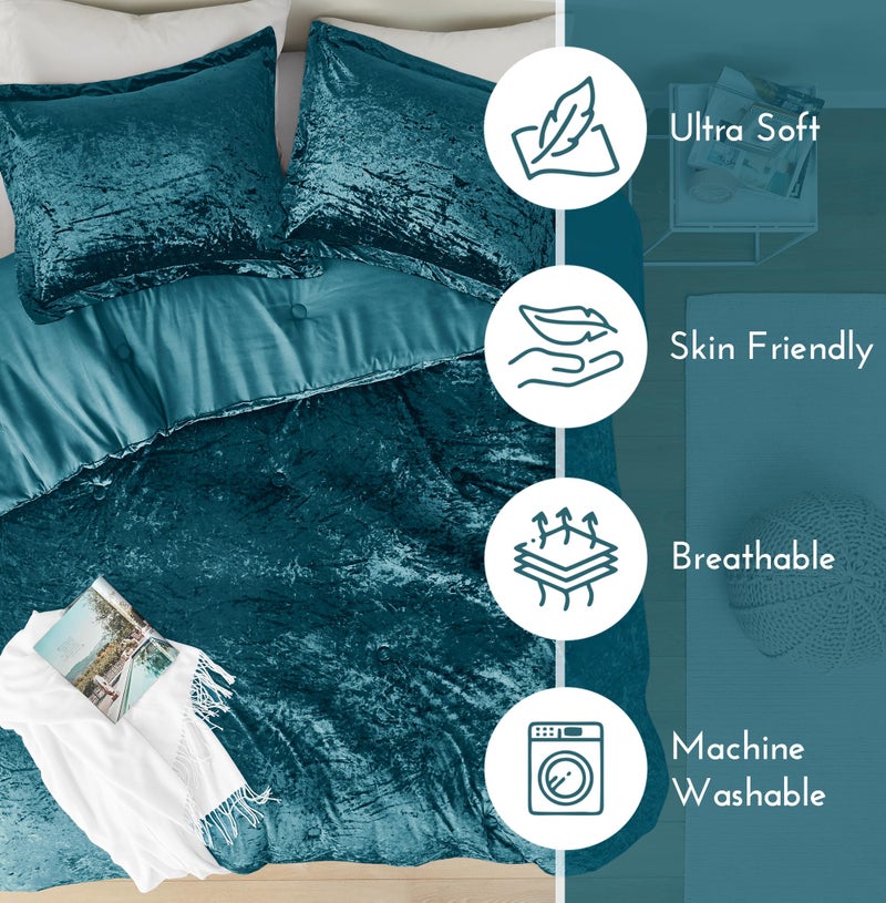 Comfort Spaces Juliette Luxe Comforter Set Velvet Lush with Soft Brushed Microfiber Reverse, All Season Cozy Velvet Bedding Sets, Fluffy Comforter Bed Set, Matching Sham, Teal Full/Queen 3 Piece - Image 3