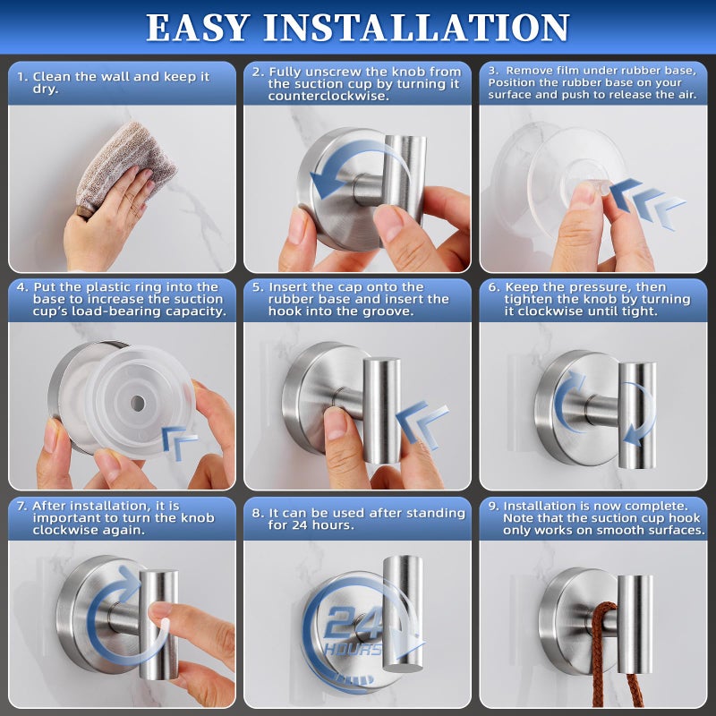 warlve Suction Cup Hooks No Drill Stainless Steel Shower Hooks Towel Hook Robe Hook Heavy Duty on Smooth and Non-Porous Surfaces in Bathrooms Kitchen Bedroom (2, Brushed Nickel) - Image 5