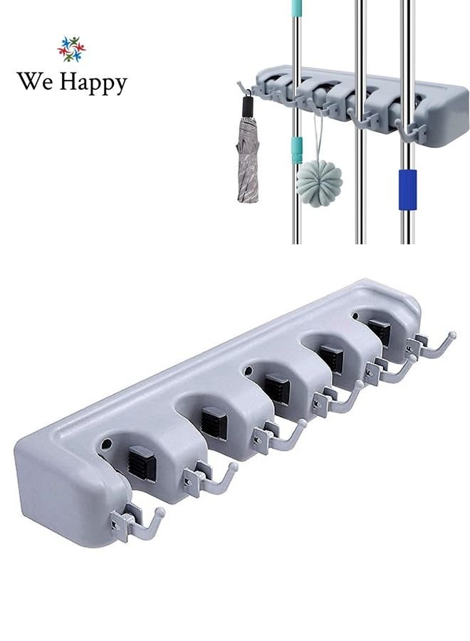 We Happy Mop and Broom Tools Holder 5 Position with 6 Hooks Wall Mounted Organizer Saving Space Storage Rack For Kitchen Garden Garage Laundry Offices - Image 1
