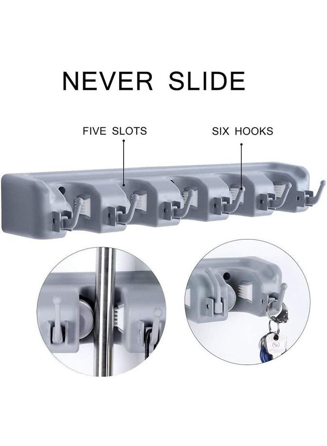 We Happy Mop and Broom Tools Holder 5 Position with 6 Hooks Wall Mounted Organizer Saving Space Storage Rack For Kitchen Garden Garage Laundry Offices - Image 3