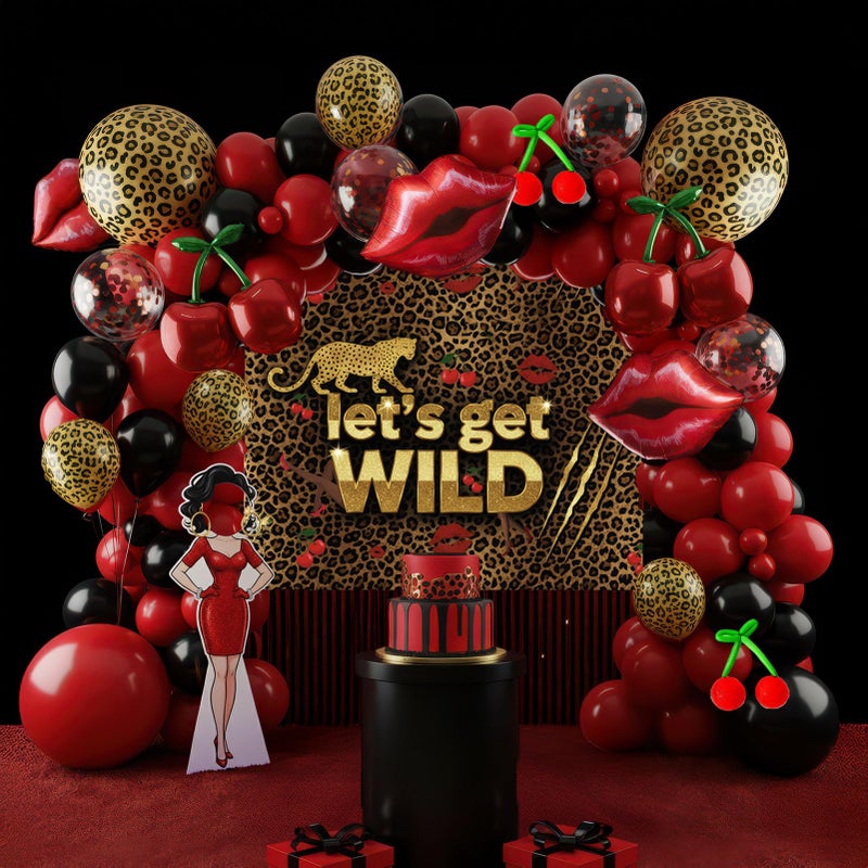 yeewaka Red Black cheetah Balloon Garland Arch Kit Cherry Birthday Decorations with leopard print backdrop Cheetah Print Cherry mylar Balloons for Girl birthday Baby Shower Bachelorette Party supplies - Image 1