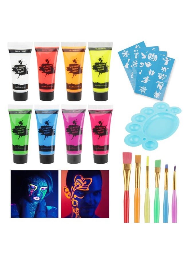 MEICOLY طلاء وجه وجسم نيون تحت الضوء الأسود، MEICOLY 8 أنابيب من الطلاءات التفاعلية تحت الضوء الأسود، قائم على الماء، قابل للغسل، غير سام، مستلزمات حفلات نيون للهالوين،02 - Image 1