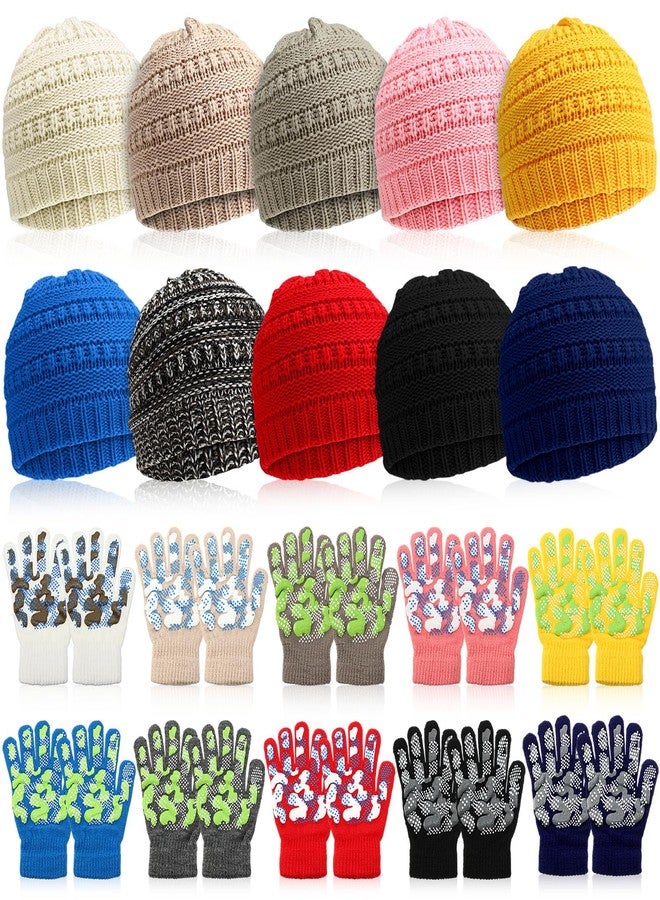 JaGely 20/12 Pcs Kids Beanies Hats Gloves for 5-12 Years Winter Warm Gloves Beanie Hat Stretchy for Boys Girls Homeless Gift(Bright Colors,20 Pcs) - Image 1