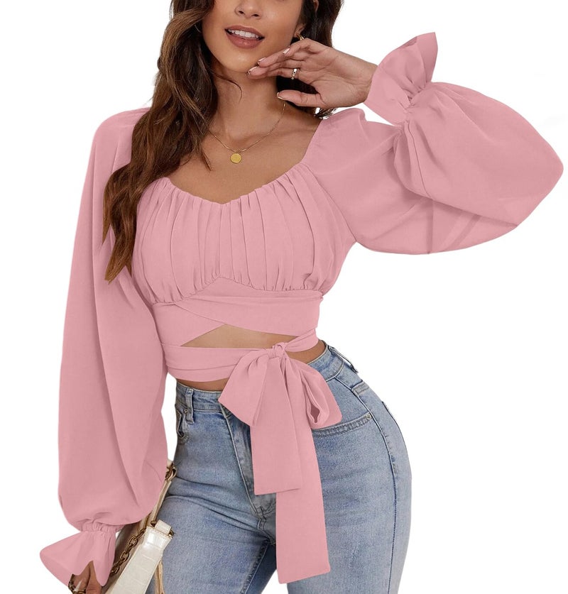 Rooscier Women's Ruched Wrap Square Neck Flounce Long Sleeve Self Tie Crop Top Blouse Light Pink Medium - Image 3