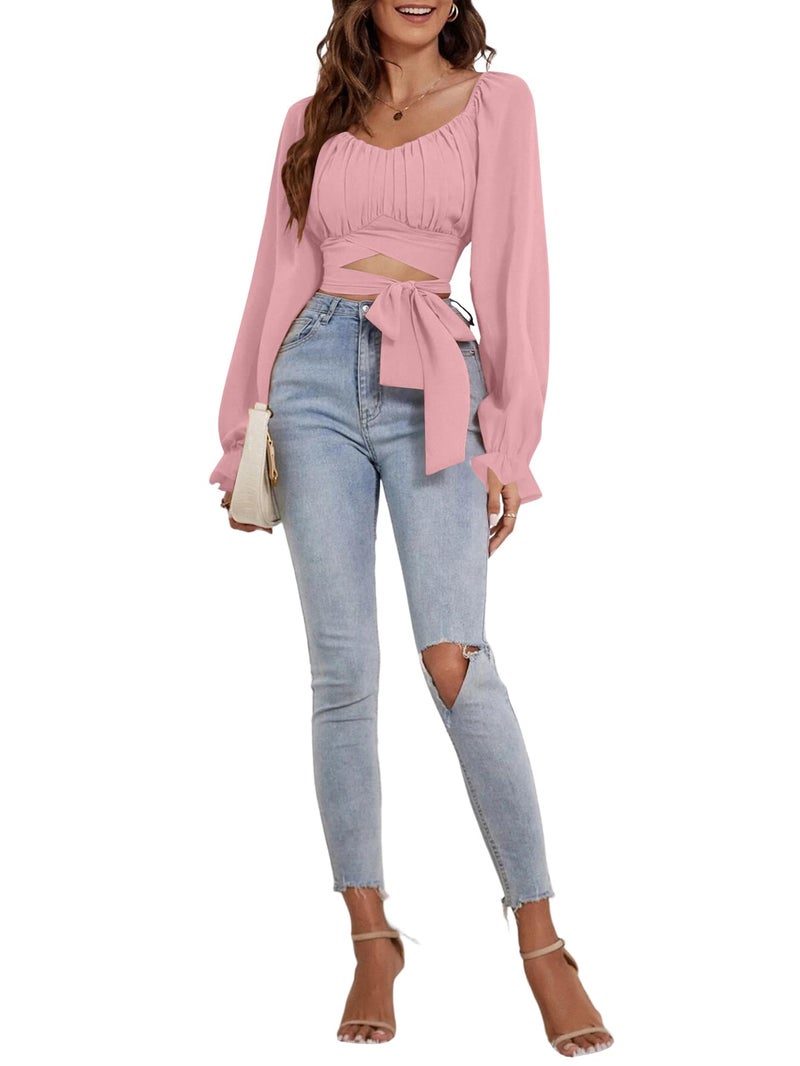 Rooscier Women's Ruched Wrap Square Neck Flounce Long Sleeve Self Tie Crop Top Blouse Light Pink Medium - Image 4