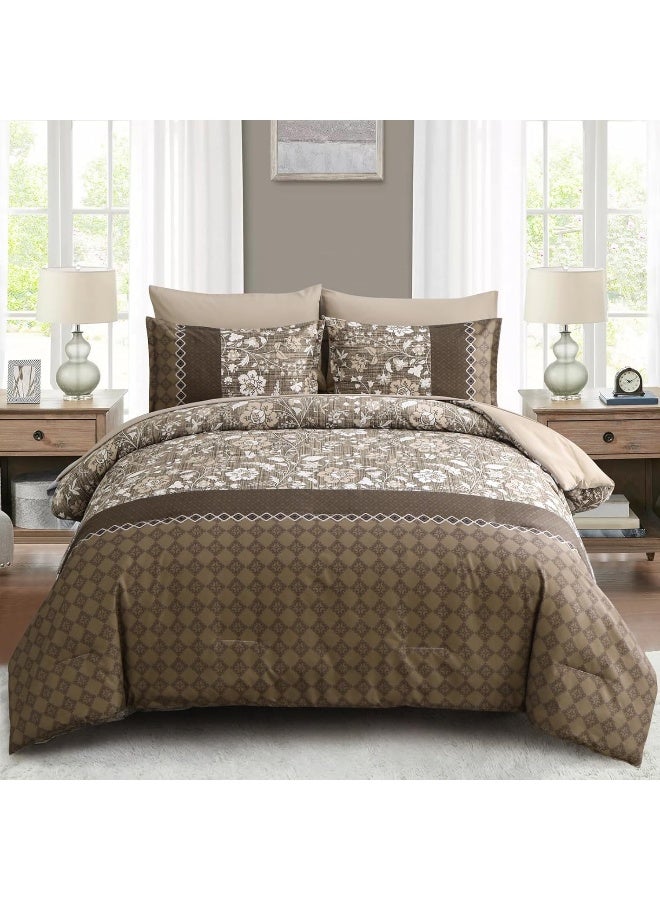 WONGS BEDDING Brown Comforter Set Queen, 7 Pieces Bed in a Bag Floral Geometric Patchwork Soft Microfiber Comforter Bedding Set with Comforter, Flat Sheet, Fitted Sheet, Pillow Shams, Pillowcases - Image 1