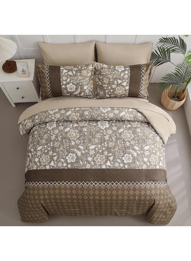 WONGS BEDDING Brown Comforter Set Queen, 7 Pieces Bed in a Bag Floral Geometric Patchwork Soft Microfiber Comforter Bedding Set with Comforter, Flat Sheet, Fitted Sheet, Pillow Shams, Pillowcases - Image 3