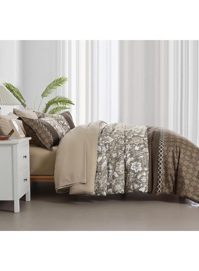 WONGS BEDDING Brown Comforter Set Queen, 7 Pieces Bed in a Bag Floral Geometric Patchwork Soft Microfiber Comforter Bedding Set with Comforter, Flat Sheet, Fitted Sheet, Pillow Shams, Pillowcases - Image 4