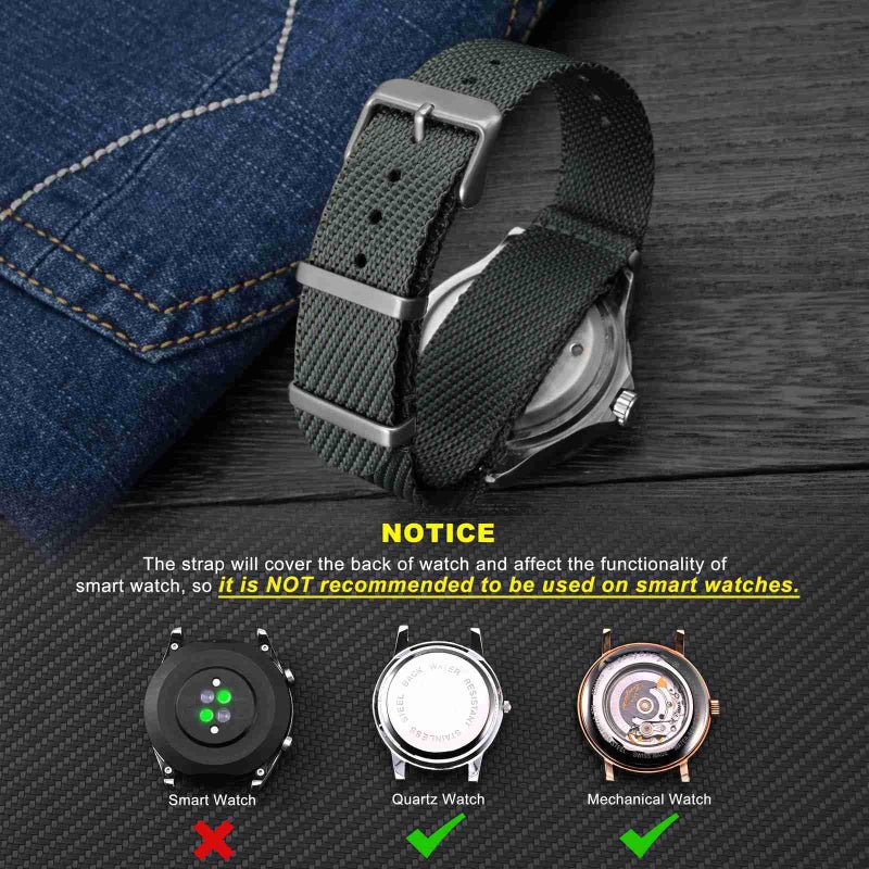 WOCCI 22mm Military Nylon Watch Band, One-piece Nylon Strap for Men and Women, Silver Buckle (Smog) - Image 2