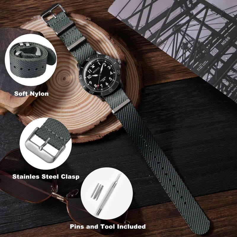WOCCI 22mm Military Nylon Watch Band, One-piece Nylon Strap for Men and Women, Silver Buckle (Smog) - Image 3