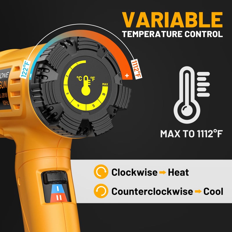 SEEKONE Heat Gun 1800W Heavy Duty Hot Air Gun Kit With Carry Case Variable Temperature Control 122â„‰-1112â„‰ï¼ˆ50â„ƒ- 600â„ƒï¼‰ Overload Protection with 4 Nozzles for Crafts, Shrinking PVC, Stripping Paint - Image 4