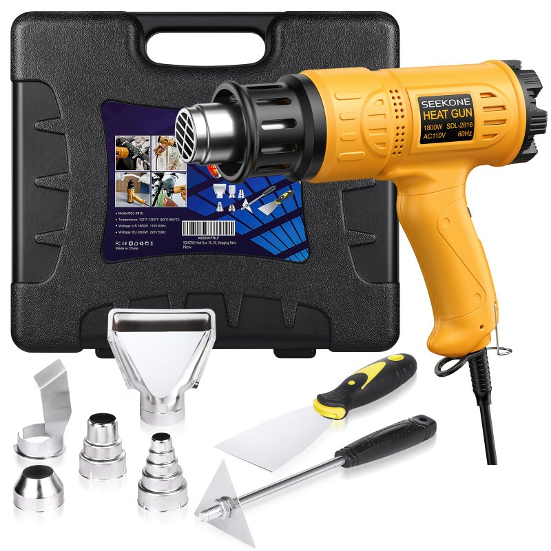 SEEKONE Heat Gun 1800W Heavy Duty Hot Air Gun Kit With Carry Case Variable Temperature Control 122â„‰-1112â„‰ï¼ˆ50â„ƒ- 600â„ƒï¼‰ Overload Protection with 4 Nozzles for Crafts, Shrinking PVC, Stripping Paint - Image 1
