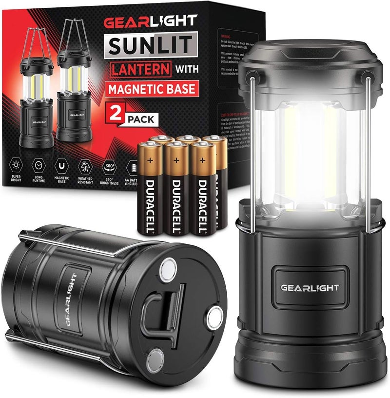 GearLight Camping Lantern - 2 Portable LED Battery Powered Lantern with Magnetic Base and Foldable Hook for Emergency Use or Campsites, Essential Hurricane Survival Kit with Batteries - Image 1