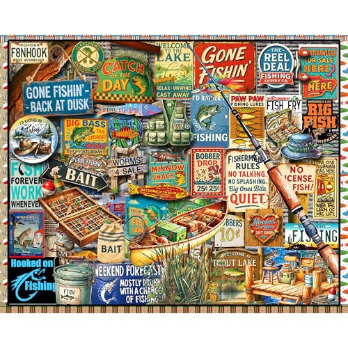 White Mountain 1000 Piece Jigsaw Puzzle Vintage Fish Signs Collage Puzzles with Large Pieces Gift for Adults and Family 24x30 I Love Fishing - Image 1