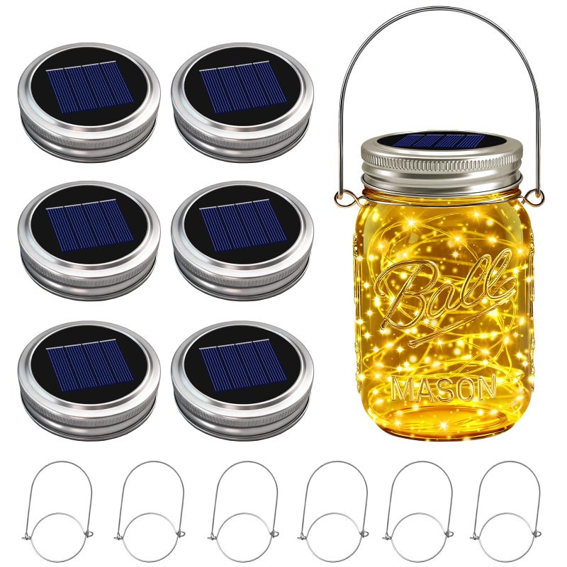6 Pack Solar Mason Jar Lights for Outside 30 LED Solar Mason Jar Lids Fairy Lights with 6 HangersNo Jars Outdoor Waterproof for DIY Patio Garden Yard Lawn Party Wedding Decoration Warm White