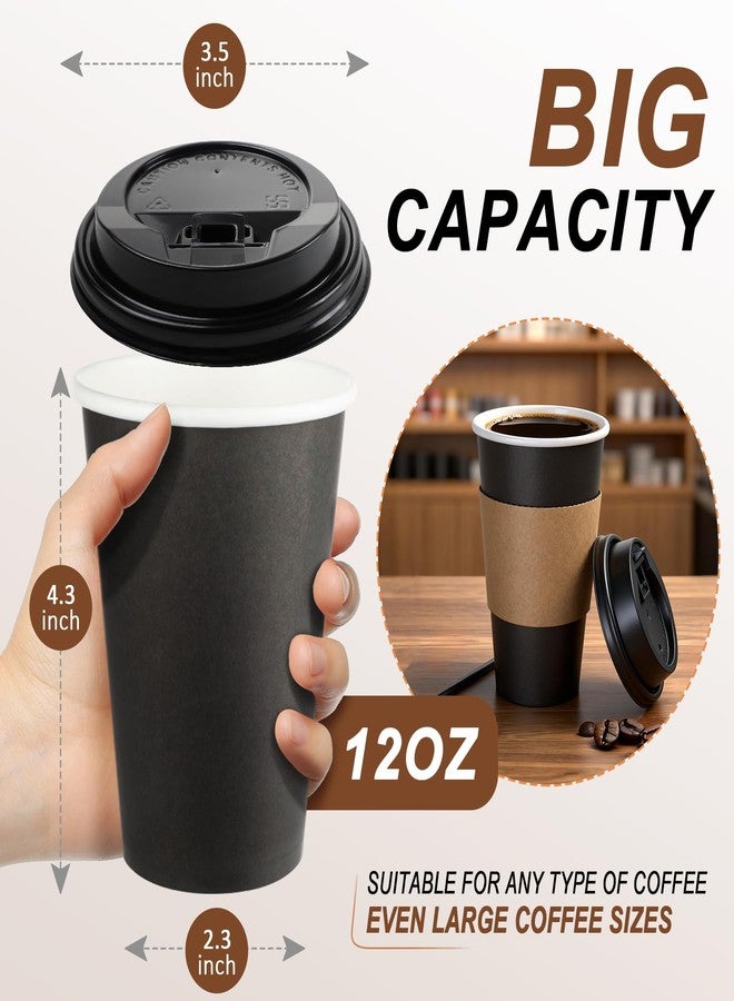 RAZCC 120 Pack 12 oz Paper Coffee Cups Set, Disposable Black Coffee Cups with Lids, Sleeves and Stirring Sticks, Fit For Cold and Hot Drinks - Image 2