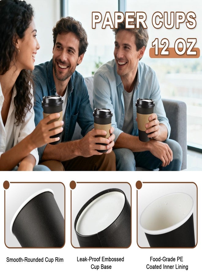 RAZCC 120 Pack 12 oz Paper Coffee Cups Set, Disposable Black Coffee Cups with Lids, Sleeves and Stirring Sticks, Fit For Cold and Hot Drinks - Image 3