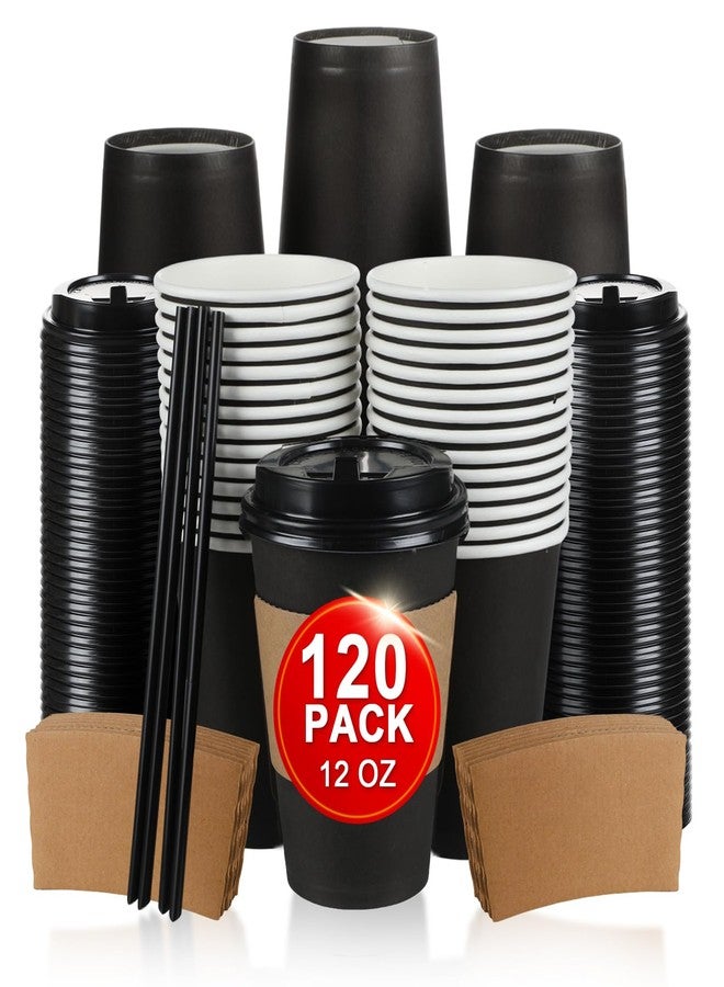 RAZCC 120 Pack 12 oz Paper Coffee Cups Set, Disposable Black Coffee Cups with Lids, Sleeves and Stirring Sticks, Fit For Cold and Hot Drinks - Image 1