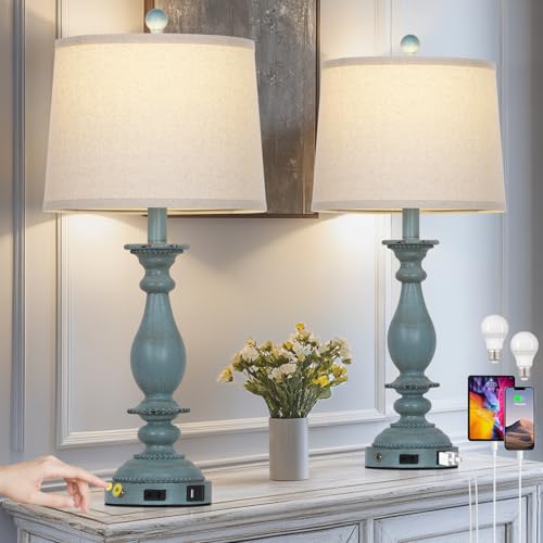 CINSARY 28 Tall Coastal Table Lamps for Living Room Set of 2 Farmhouse Rustic Blue Bedside Touch Lamp with USB CA Ports Outlet 3Way Dimmable Resin Nightstand Lamps for Bedroom Side End Table - Image 1