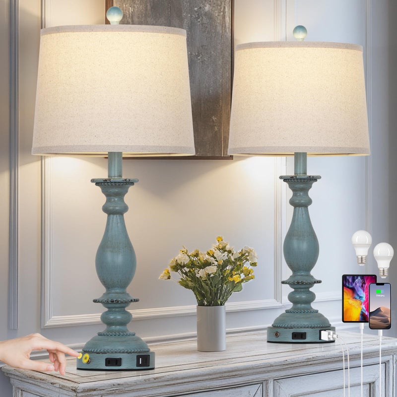 CINSARY 28 Tall Coastal Table Lamps for Living Room Set of 2 Farmhouse Rustic Blue Bedside Touch Lamp with USB CA Ports Outlet 3Way Dimmable Resin Nightstand Lamps for Bedroom Side End Table - Image 2