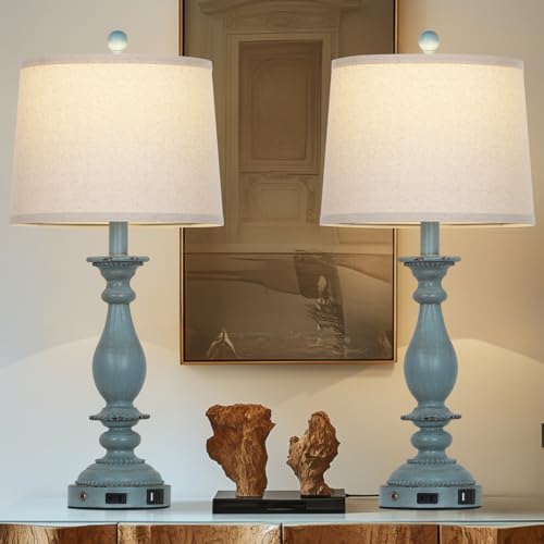CINSARY 28 Tall Coastal Table Lamps for Living Room Set of 2 Farmhouse Rustic Blue Bedside Touch Lamp with USB CA Ports Outlet 3Way Dimmable Resin Nightstand Lamps for Bedroom Side End Table - Image 3