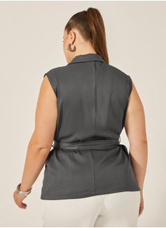 Styli Plus Size Notch Label Collar Waistcoat with Belt Detail  - Image 4