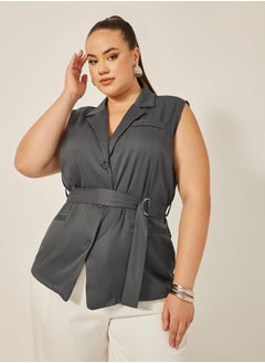 Styli Plus Size Notch Label Collar Waistcoat with Belt Detail  - Image 1