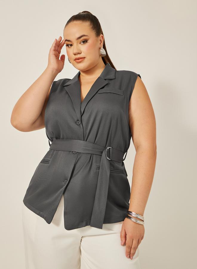 Plus Size Notch Label Collar Waistcoat with Belt Detail