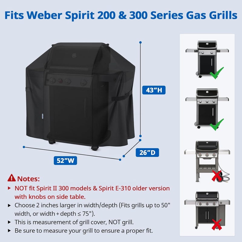 SunPatio 7106 Grill Cover, Outdoor Waterproof Barbecue Cover for Weber Spirit 220 and 300 Series Grills, Heavy Duty FadeStop Gas BBQ Cover, Compared to Weber 7106, 52" W x 26" D x 43" H, Black - Image 2