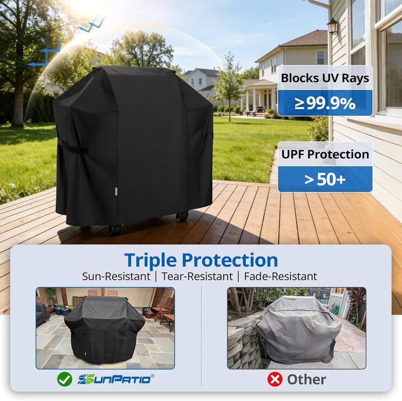SunPatio 7106 Grill Cover, Outdoor Waterproof Barbecue Cover for Weber Spirit 220 and 300 Series Grills, Heavy Duty FadeStop Gas BBQ Cover, Compared to Weber 7106, 52" W x 26" D x 43" H, Black - Image 4