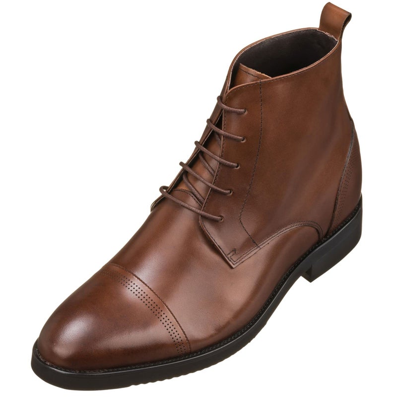 CALTO Mens Invisible Height Increasing Elevator Shoes Brown Premium Leather Laceup CapToe Dress Boots 28 Inches Taller K28004 Size 12 DM US