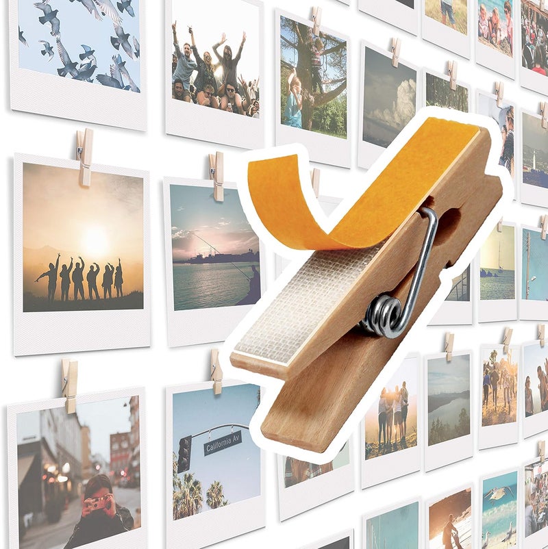Toros 20 Pack Mini Self Adhesive Clips for Pictures - Beige Wood Clip Photo Holders for Wall, Poster Hanger, Photo Cards Hanging Display Board & Picture Boards, Artwork Photos Holders Hangers Room Decor - Image 1
