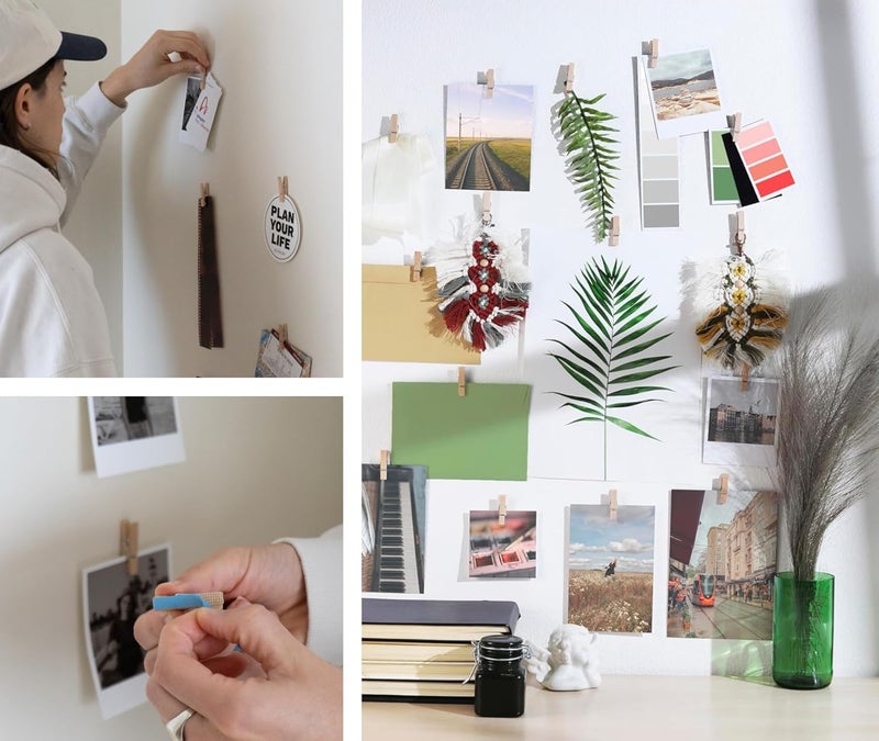 Toros 20 Pack Mini Self Adhesive Clips for Pictures - Beige Wood Clip Photo Holders for Wall, Poster Hanger, Photo Cards Hanging Display Board & Picture Boards, Artwork Photos Holders Hangers Room Decor - Image 2