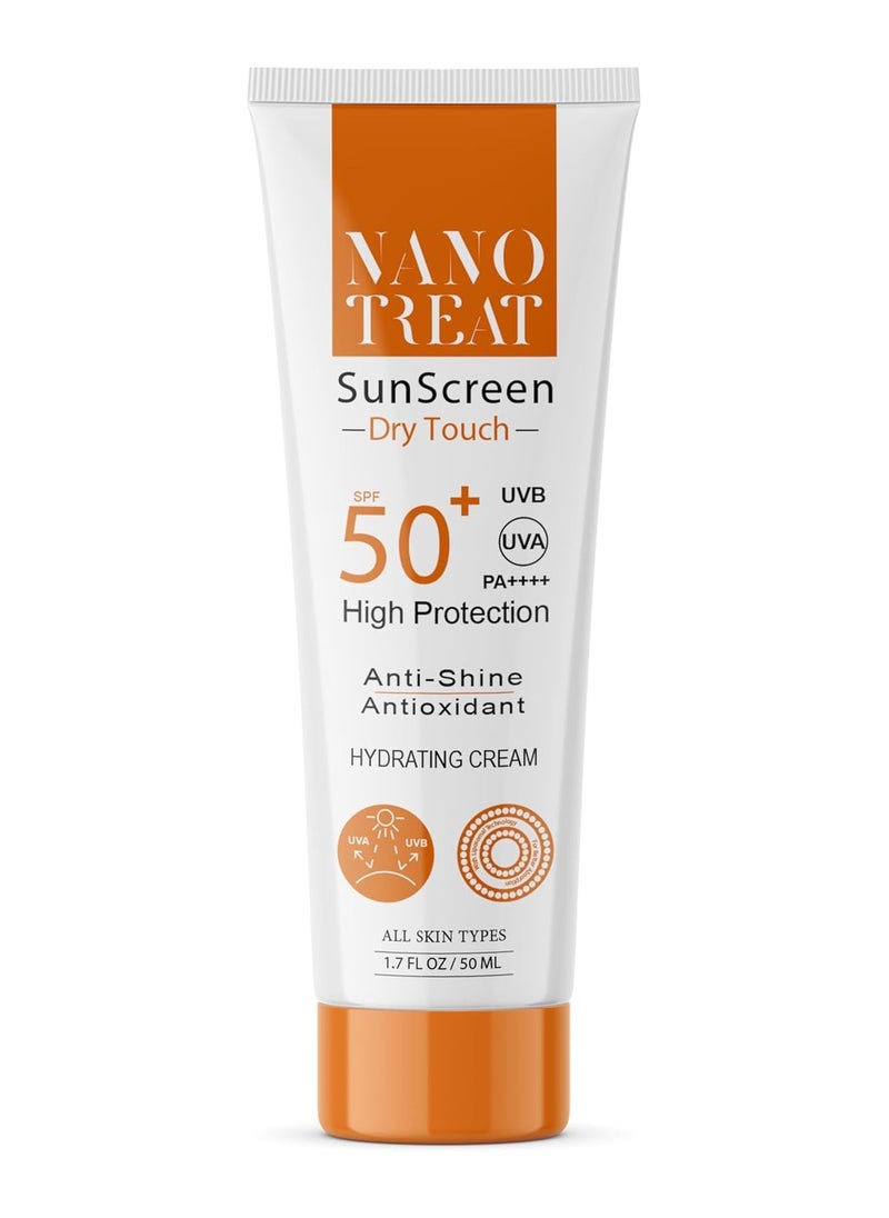 Nano Treat SunScreen Dry Touch Gel Cream Ultra Light Gel With Spf 50 Pa++++ For Broad Spectrum, UVA, UVB High Protection - Non White Cast - Water Resistant -