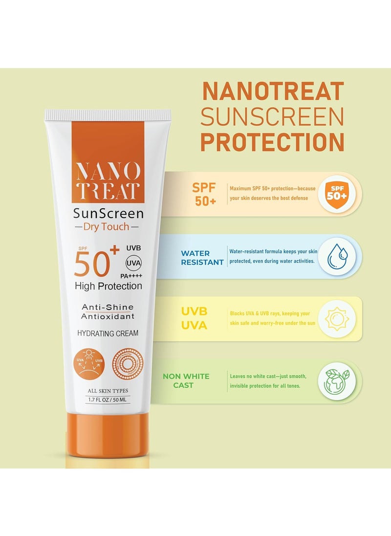 Nano Treat SunScreen Dry Touch Gel Cream Ultra Light Gel With Spf 50 Pa++++ For Broad Spectrum, UVA, UVB High Protection - Non White Cast - Water Resistant -