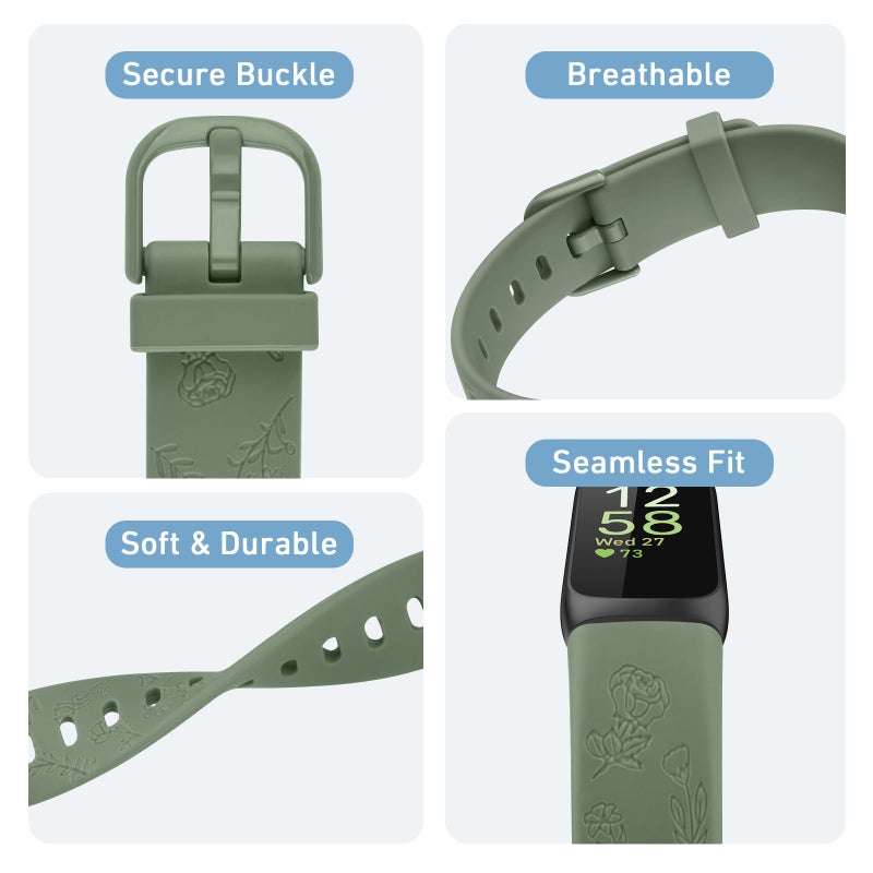 Meliya Compatible with Fitbit Inspire 3 Bands for Women Men, Floral Engraved Silicone Straps Replacement Wristband for Fitbit Inspire 3 Fitness Tracker (Smoke Violet+Green+Starlight) - Image 3