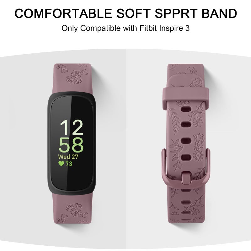Meliya Compatible with Fitbit Inspire 3 Bands for Women Men, Floral Engraved Silicone Straps Replacement Wristband for Fitbit Inspire 3 Fitness Tracker (Smoke Violet+Green+Starlight) - Image 2