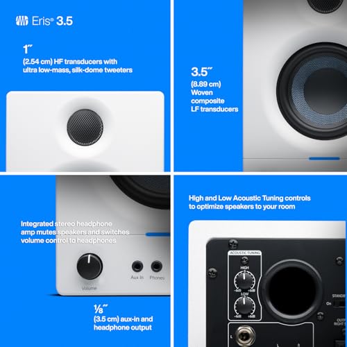 PreSonus Eris 3.5 Studio Monitors (White), Pair — 3.5" Inch Powered Bookshelf Speakers, Stereo, Desktop Computer, Near Field Music Production, Audio Mixing Recording - Image 4