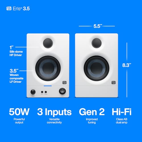 PreSonus Eris 3.5 Studio Monitors (White), Pair — 3.5" Inch Powered Bookshelf Speakers, Stereo, Desktop Computer, Near Field Music Production, Audio Mixing Recording - Image 5