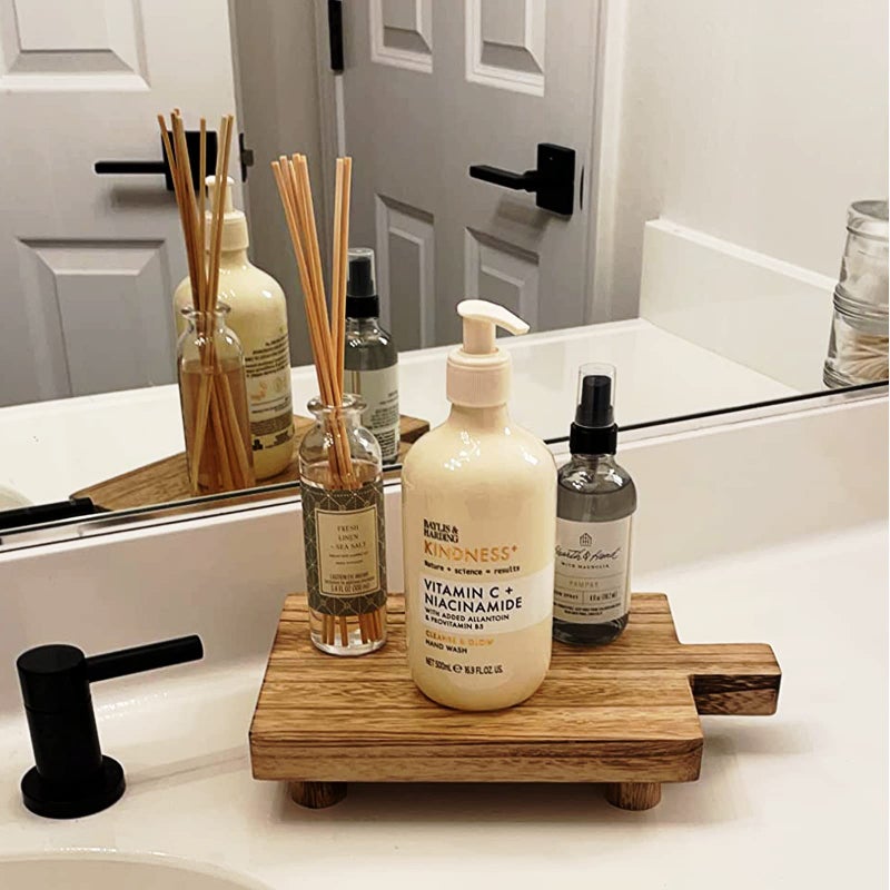 Teniinet Handmade Wooden Tray,Practical Bathroom and Kitchen Decoration for Soap,Bath Bottles,Candles,Toilet Paper,Plant Holder(10.8 x 6.9 Inch)(Wood Color) - Image 4