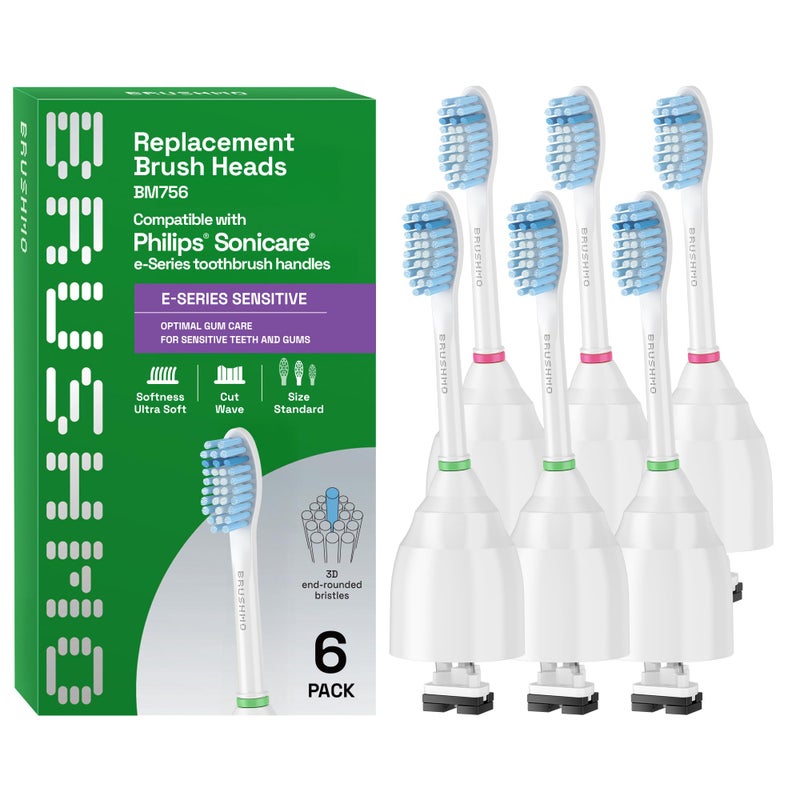 Brushmo eSeries Sensitive Replacement Toothbrush Heads Compatible with Philips Sonicare Screwon Electric Toothbrush Handles 6 Standard Replacement Heads Ultra Soft Dupont Bristles BM756 White