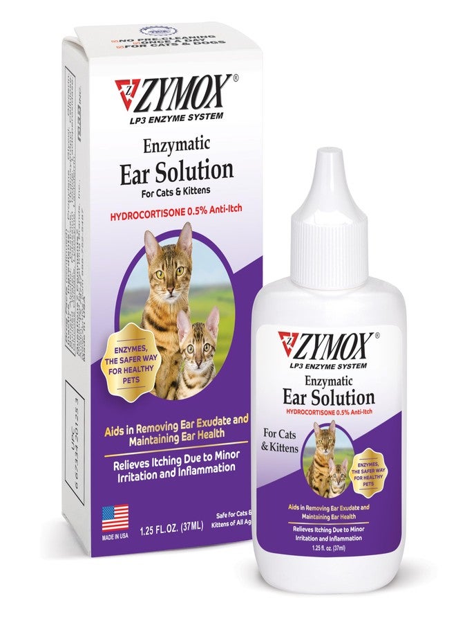Zymox Enzymatic Ear Solution with 0.5% Hydrocortisone for Cats & Kittens, 1.25 oz. - Cleans & Refreshes Ear Canal for Relief from Wax, Dirt Buildup, Itchiness, Irritation, Inflammation & Redness - Image 1