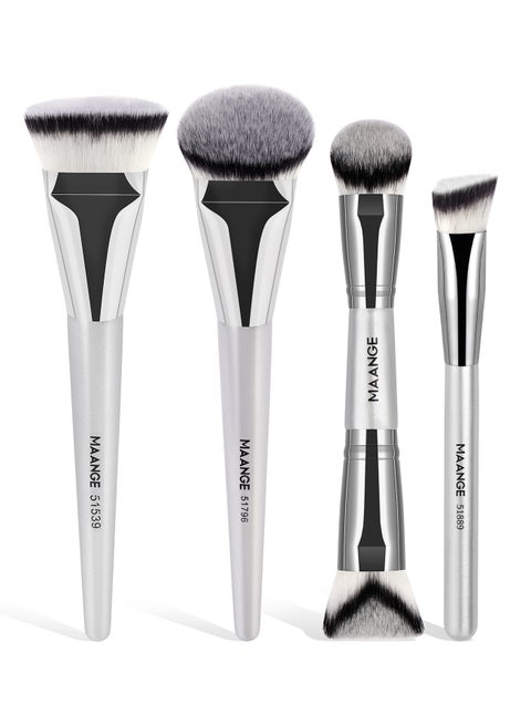 4Pcs Foundation Makeup Brush, Double Ended Makeup Brushes, Applying Liquid or Powder, Blush, for Contouring Blending Foundation Blush Brush,Silver