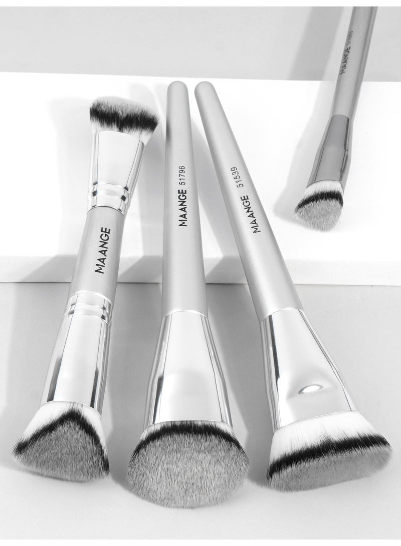 MAANGE 4 قطع فرش مكياج الأساس، فرش مكياج مزدوجة الطرف، لتطبيق السائل أو البودرة، أحمر الخدود، لتحديد وخلط الأساس، فرشاة أحمر الخدود، فضي - Image 2